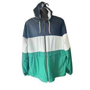 Weatherproof Vintage Mens Colorblock Windbreaker Jacket Hooded Teal Navy White